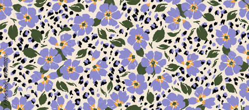 Exotic hand drawn flowers print, seamless patterns with floral and leopard for fabric, textiles, clothing, poster, cover, banner, wall art, home decor, abstract backgrounds.