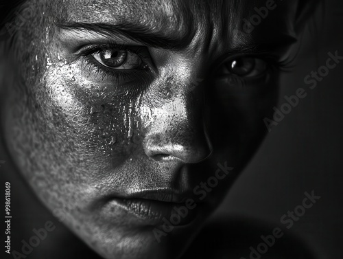 emotionally charged monochrome portrait womans face streaked with tears conveying raw vulnerability high contrast emphasizes interplay of light and shadow capturing depth of human emotion