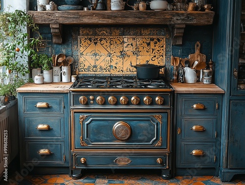 Colorful Vintage Cast Iron Stove with Intricate Details in a Cozy Kitchen Setting for Home Decor