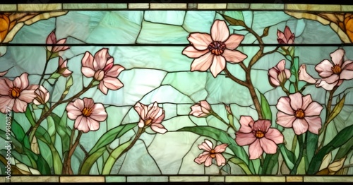 A stained glass panel featuring a floral design with pink flowers and green leaves against a light green background