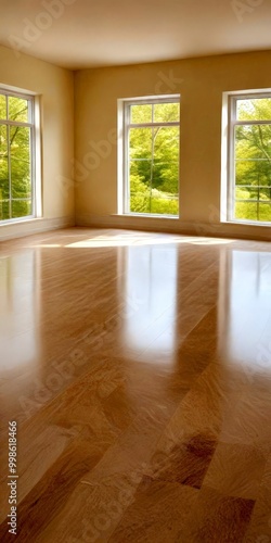 A bright, empty room with a large window overlooking a lush green landscape