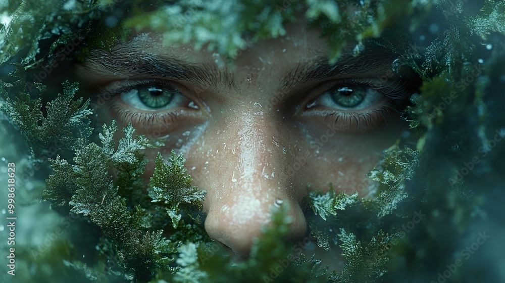 Man's Face Hidden in Foliage: A Mystical Portrait Man's Face Hidden in Foliage: A Mystical Portrait