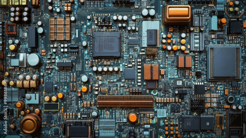 A complex arrangement of microchips, data RAM, and circuitry processors on a motherboard, representing cutting-edge technology. A complex arrangement of microchips, data RAM, and circuitry processors on a motherboard, representing cutting-edge technology.