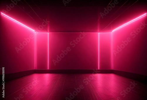 a dimly lit room with a wooden floor, featuring three vertical stripes of pink neon lights on the walls, creating a striking and futuristic ambiance