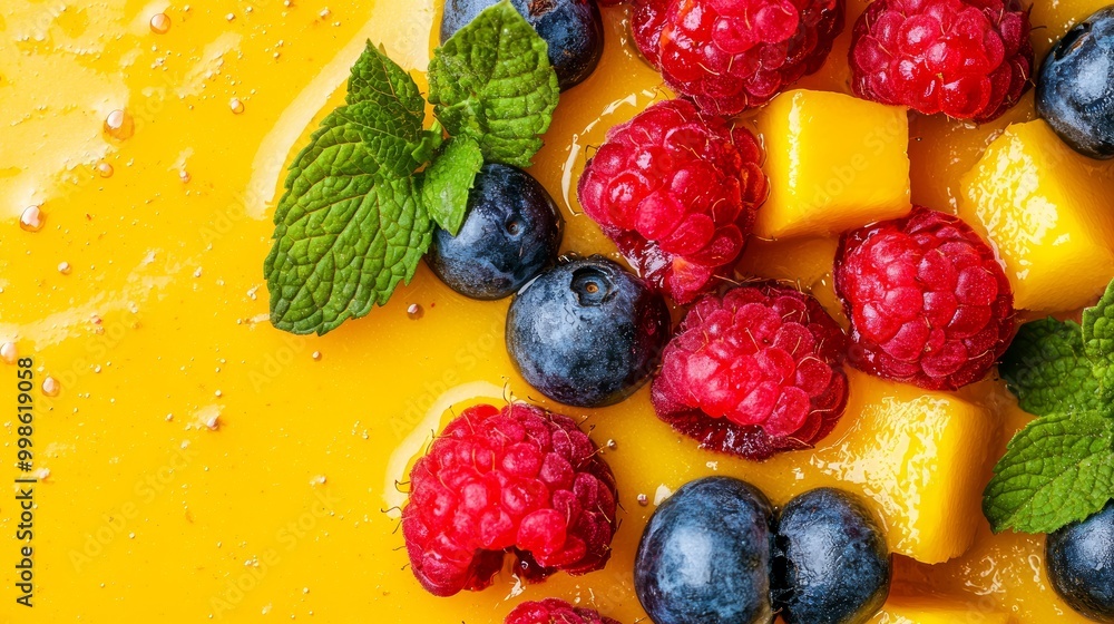 Delicious mango smoothie topped with mixed berries and mint, bright yellow and red tones, refreshing and healthy summer drink, close-up food photography Delicious mango smoothie topped with mixed berries and mint, bright yellow and red tones, refreshing and healthy summer drink, close-up food photography