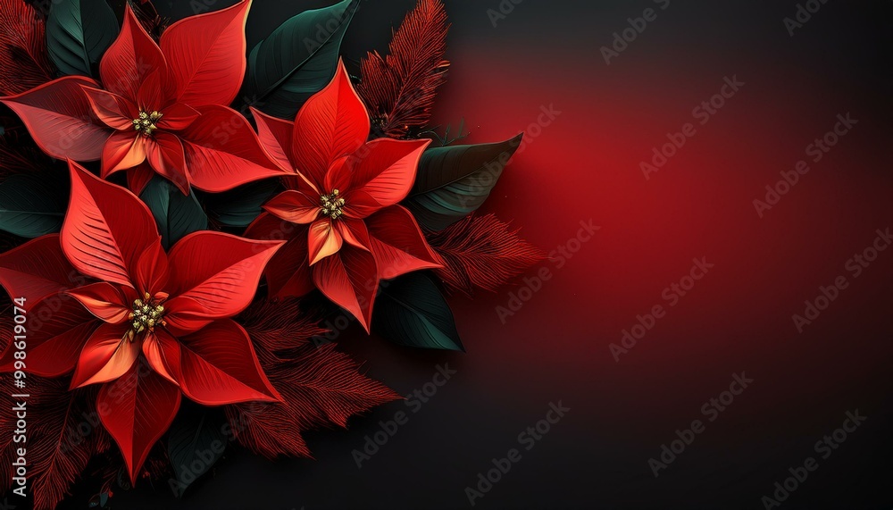 Red and black poinsettias arranged in a festive Christmas bouquet card Red and black poinsettias arranged in a festive Christmas bouquet card