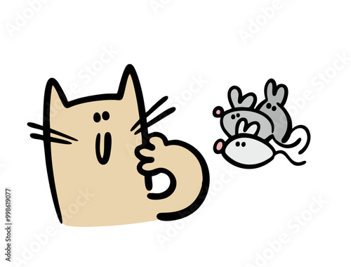 Cartoon cute cat met a flock of mice. Vector illustration of a friendly hunter kitten and a lot of small mice. Gray rodents are not afraid of domestic predatory animals.