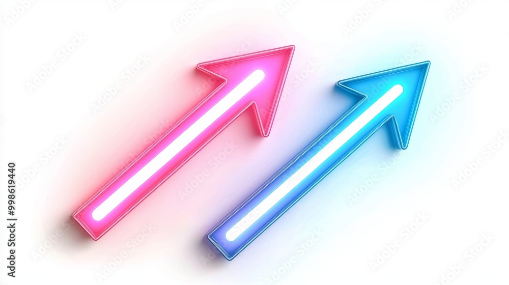 Electric neon arrows in pink and blue hues pointing forward, illustrating movement, speed, and digital innovation in a sleek design Electric neon arrows in pink and blue hues pointing forward, illustrating movement, speed, and digital innovation in a sleek design