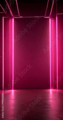 a dimly lit room with a large, rectangular wall in the center, flanked by two vertical light strips on either side The walls are painted in a deep, dark purple color, and
