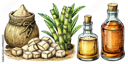 Sketch of cane harvest, sugar sacks, and cubes, perfect for monochrome food packaging and rum-themed illustrations