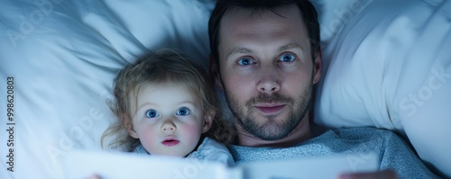 A father reading a bedtime story while his daughter holds her pillow, looking up at him with curiosity and wonder.