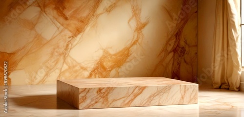 Marble pedestal with a rectangular top rests on a marble floor, set against a marble wall with a window and a curtain