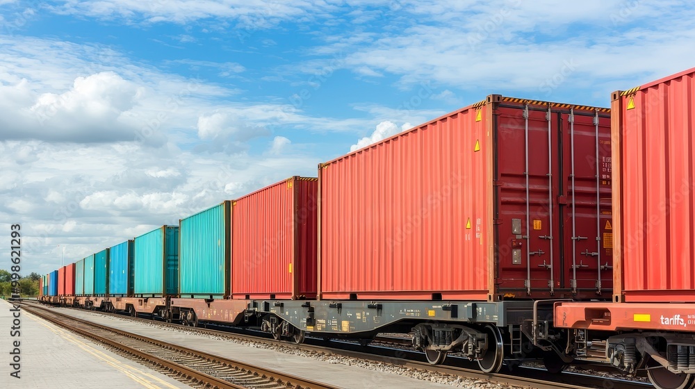 Obraz premium Colorful shipping containers lined up on a train under a blue sky, illustrating logistics and transportation concepts.