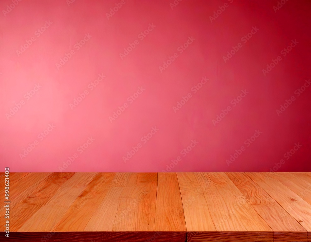 A wooden table sits against a pink wall, creating a simple and minimalist composition A wooden table sits against a pink wall, creating a simple and minimalist composition