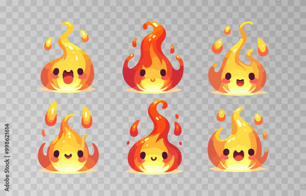 Obraz premium Set of fire cartoon character vector illustration on transparent png background.