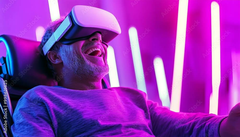 A happy man in a wheelchair with VR goggles on, laughing as he collaborates with his team in a vibrant, interactive virtual workspace. A happy man in a wheelchair with VR goggles on, laughing as he collaborates with his team in a vibrant, interactive virtual workspace.