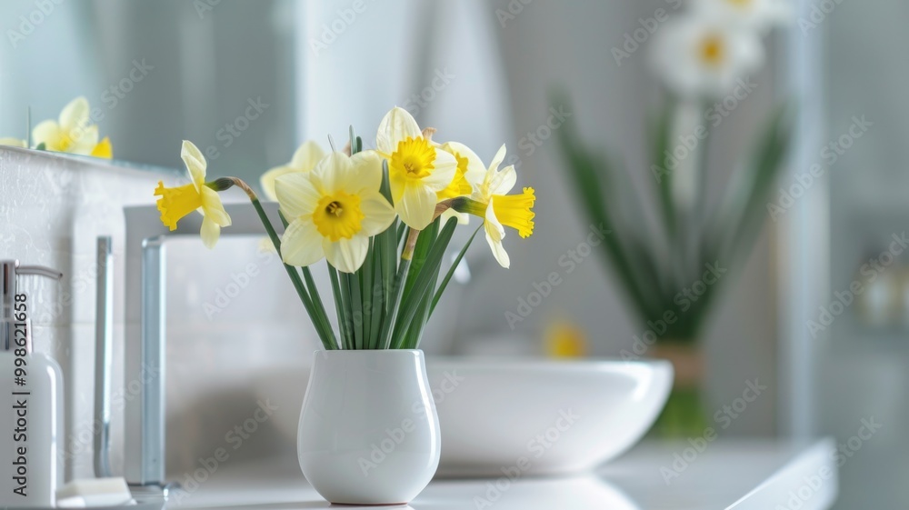 Daffodils in White Vase on a Minimalist Bathroom Counter Daffodils in White Vase on a Minimalist Bathroom Counter
