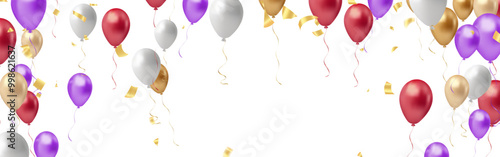 Balloon happy birthday banner, happy congratulations celebration anniversary luxury party shiny gold silver balloons and confetti banner poster, vector template