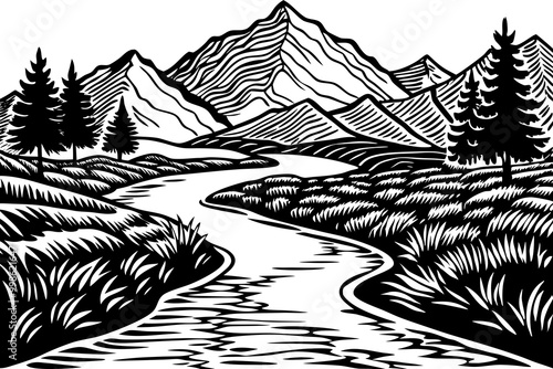 Majestic Mountain Landscape with River and Pine Forest Illustration