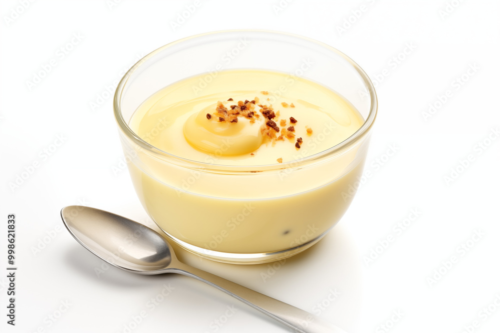 A smooth, creamy bowl of vanilla custard with golden yellow hue, topped with sprinkle of fresh vanilla beans. The silky texture shines under the light, and the custard sits in simple white background A smooth, creamy bowl of vanilla custard with golden yellow hue, topped with sprinkle of fresh vanilla beans. The silky texture shines under the light, and the custard sits in simple white background