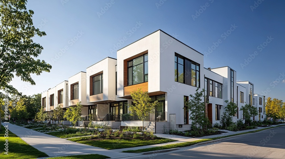 A series of white contemporary townhouses with contemporary designs and integrated outdoor spaces, viewed from a city street A series of white contemporary townhouses with contemporary designs and integrated outdoor spaces, viewed from a city street