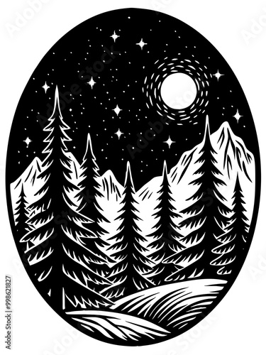 Enchanting Nighttime Wilderness Landscape Woodcut Illustration