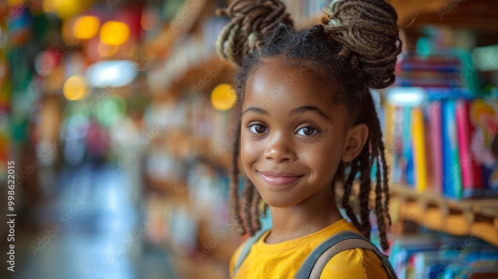 A young girl with dreadlocks is smiling at the camera in a library