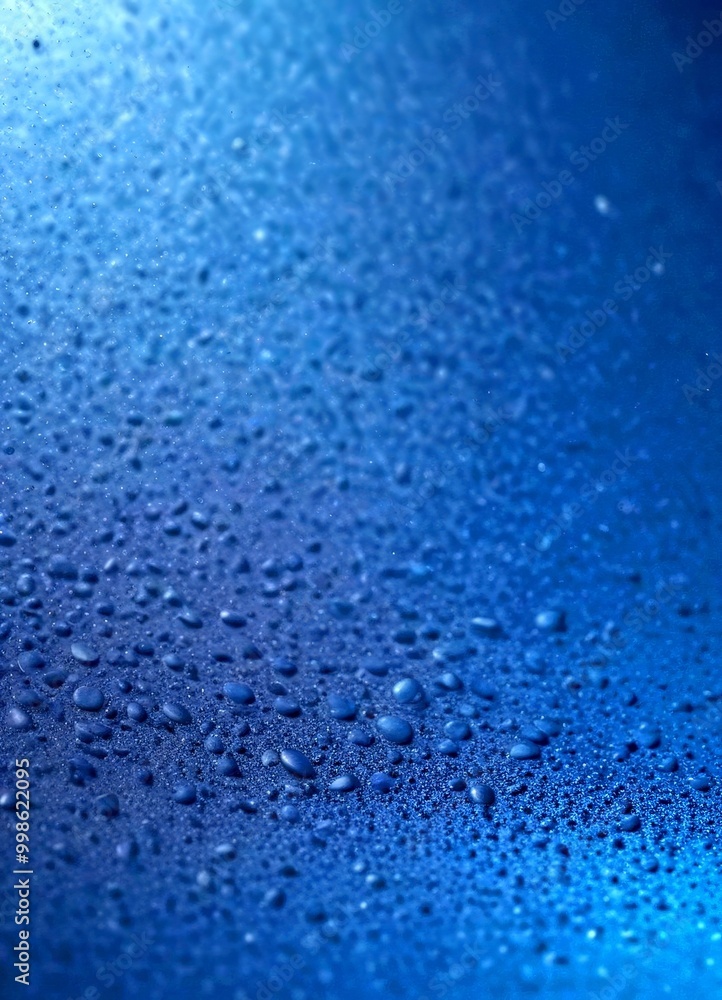 Obraz premium Water droplets on a dark blue surface, creating a textured and reflective effect