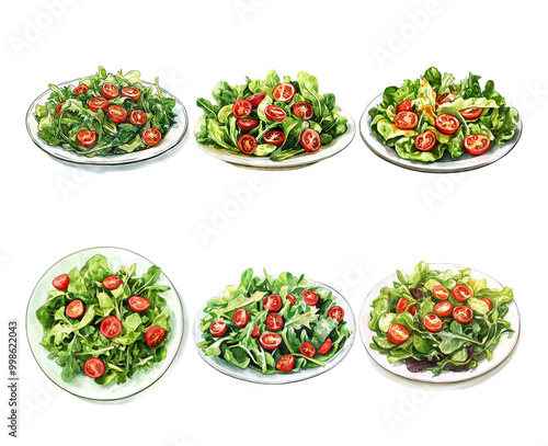 Fresh mixed green salads with cherry tomatoes on transparent background photo