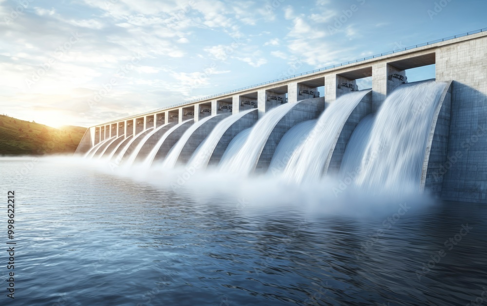 Hydroelectric dam releasing vast amounts of water through turbines, generating clean power, symbolizing the future of renewable energy and sustainability Hydroelectric dam releasing vast amounts of water through turbines, generating clean power, symbolizing the future of renewable energy and sustainability