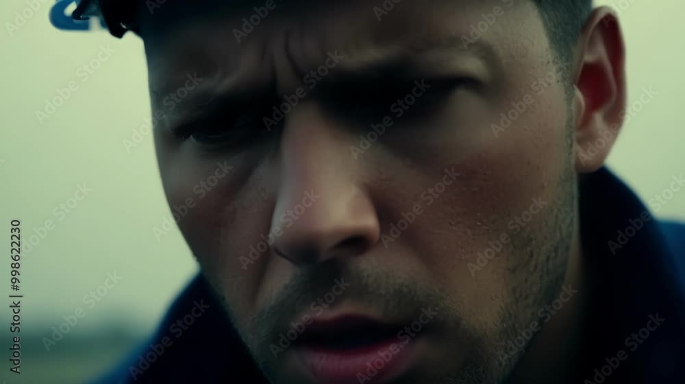 Worried construction worker in a hard hat uses a walkie talkie at a dangerous site, needing emergency help and showing the importance of communication and safety