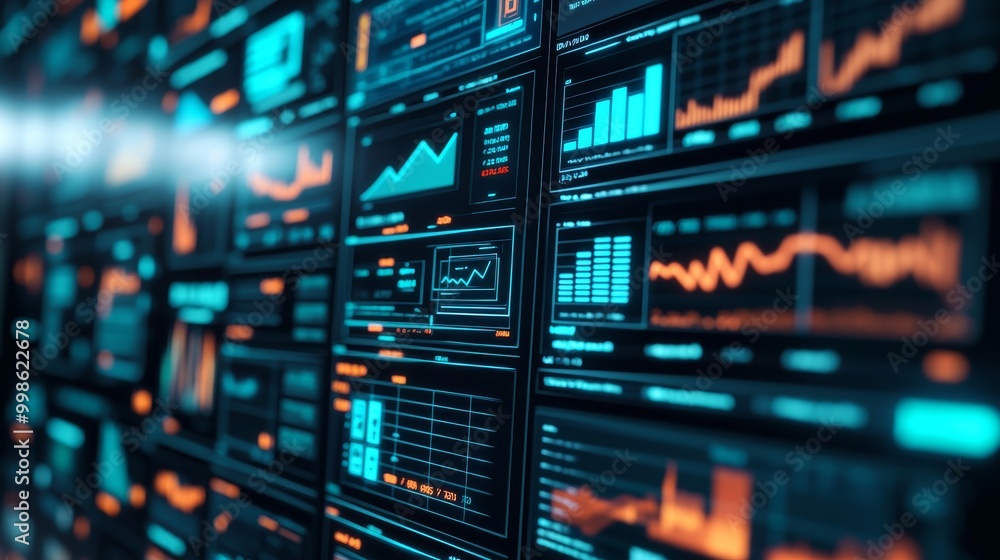 Vibrant data visualization on digital screens showcasing financial growth and analysis, perfect for tech and finance themes. Vibrant data visualization on digital screens showcasing financial growth and analysis, perfect for tech and finance themes.