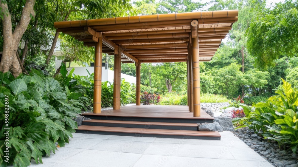 Tranquil Bamboo Pavilion in Lush Green Garden Tranquil Bamboo Pavilion in Lush Green Garden