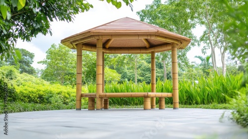 Serene Bamboo Gazebo in Lush Green Park Setting