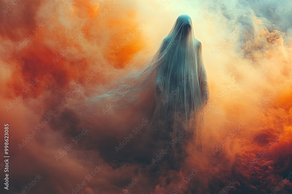Ethereal Translucent Figure Emerging from Colorful Background in Dreamlike Atmosphere of Serenity Ethereal Translucent Figure Emerging from Colorful Background in Dreamlike Atmosphere of Serenity