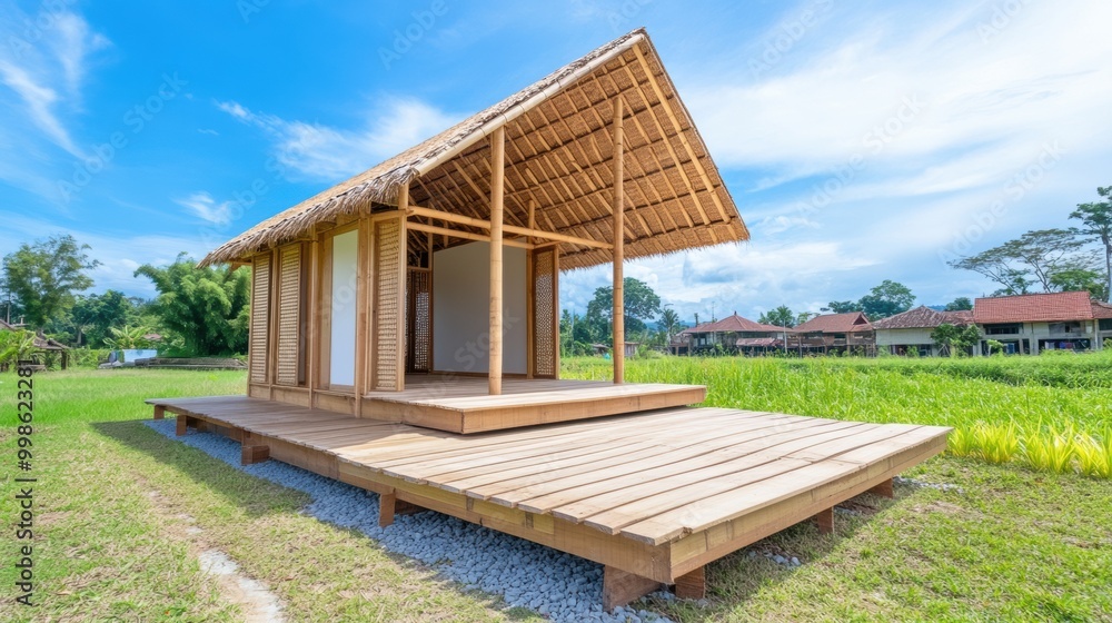 Rustic wooden house on a green landscape Rustic wooden house on a green landscape