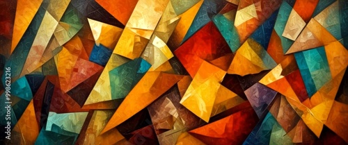 an abstract painting featuring a complex arrangement of intersecting lines and triangles in various shades of orange, yellow, green, and blue, creating a dynamic photo