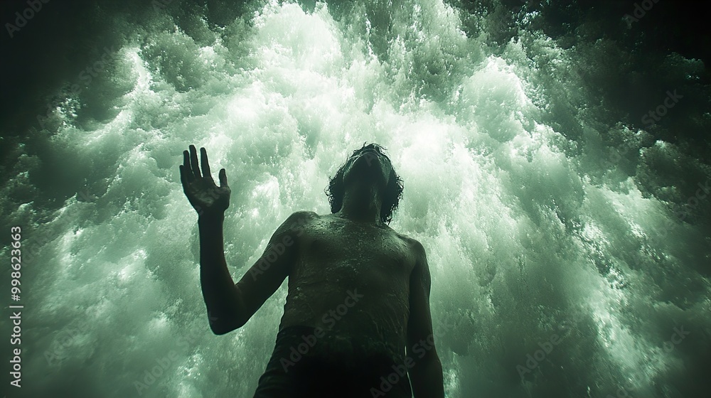 Man Silhouetted Against Powerful Waterfall Man Silhouetted Against Powerful Waterfall