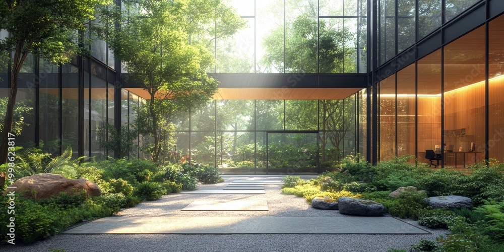 An urban office complex designed with expansive glass walls, surrounded by landscaped gardens and trees, illustrating an ideal synergy between modern design and environmental consciousness An urban office complex designed with expansive glass walls, surrounded by landscaped gardens and trees, illustrating an ideal synergy between modern design and environmental consciousness