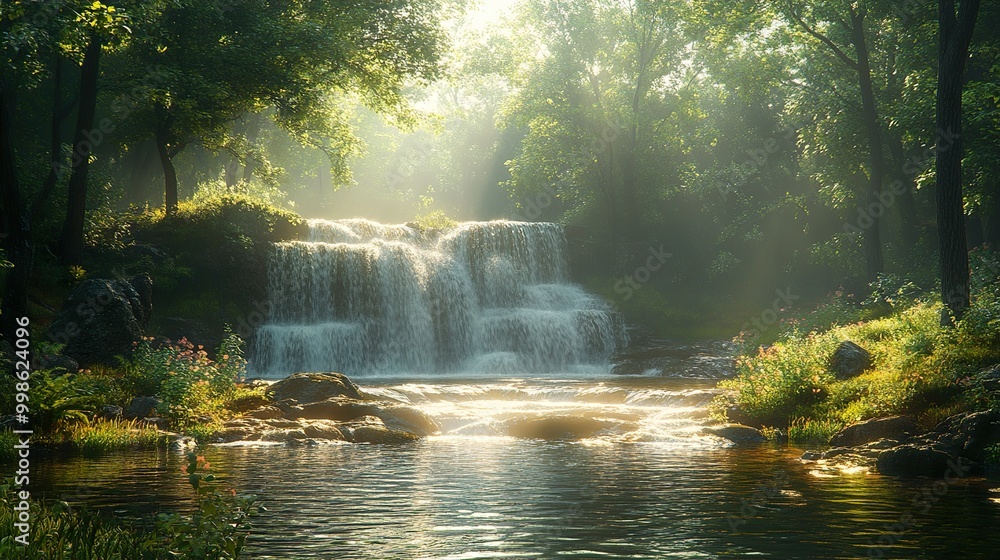 Serene Waterfall in a Lush Forest - Tranquil Nature Scene Serene Waterfall in a Lush Forest - Tranquil Nature Scene