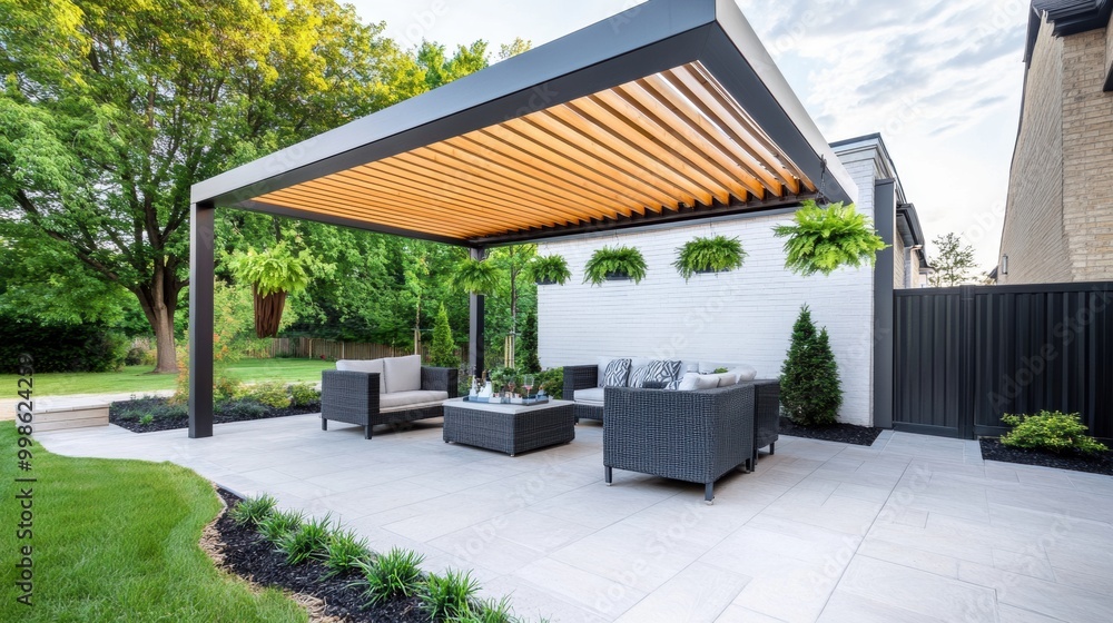 Fototapeta premium Modern Outdoor Patio with Stylish Pergola Design