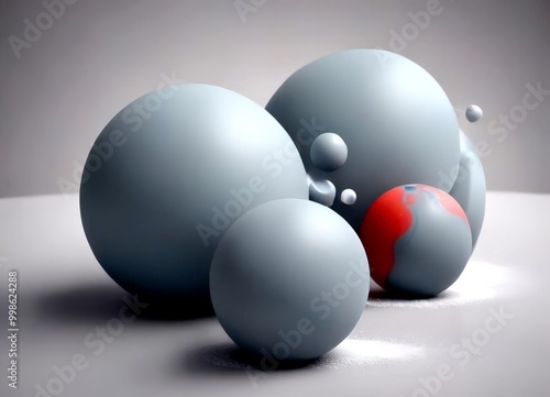 a collection of gray spheres, some with a red outline, arranged on a gray surface with small white bubbles floating around them photo