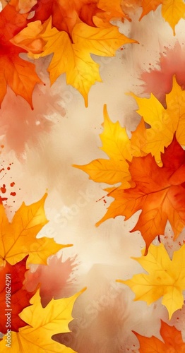 a vibrant display of autumn leaves in various shades of orange, yellow, and red, scattered across a light beige background
