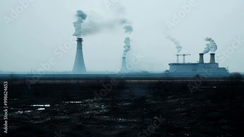 Smoke billowing from the cooling towers of a nuclear power plant dominates the horizon, casting a pall over the barren landscape photo