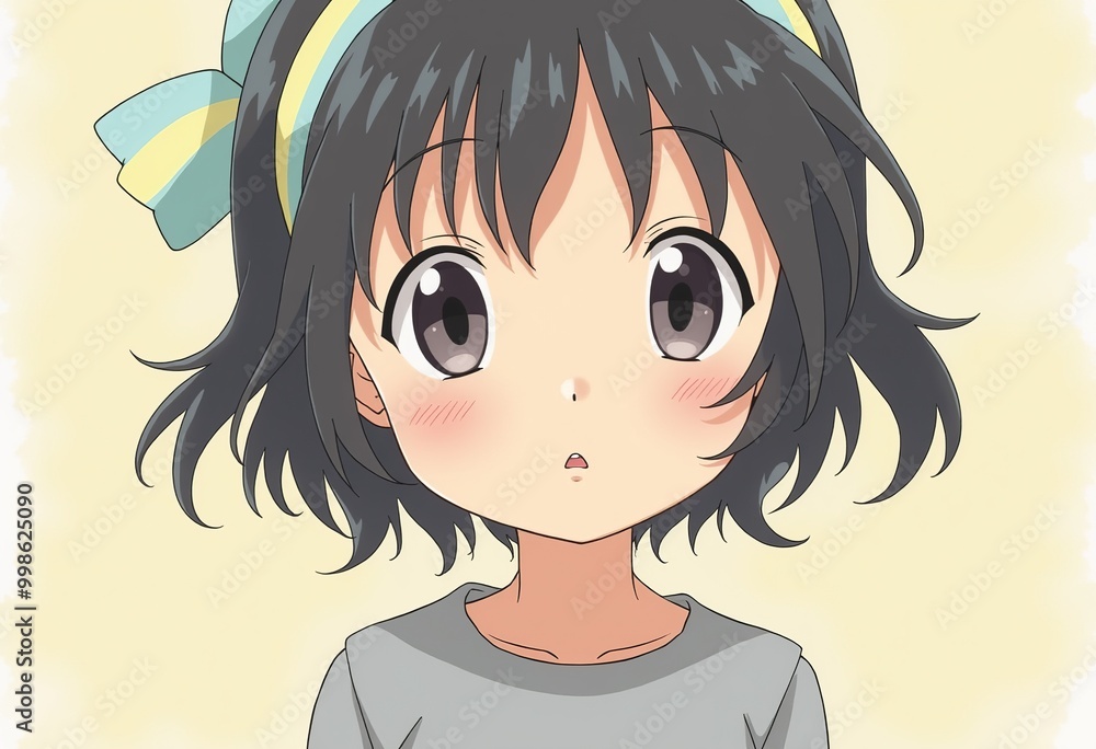 Digital Illustration of a Little Girl with Big Eyes and a Striped Headband Digital Illustration of a Little Girl with Big Eyes and a Striped Headband