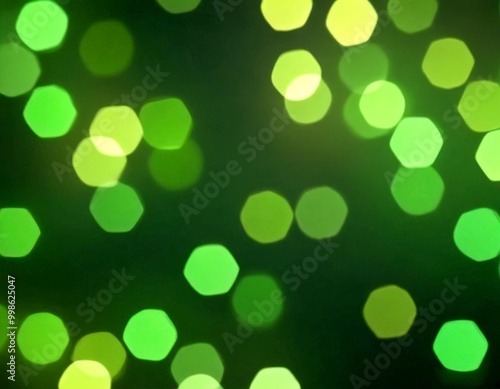 A background of blurred green and yellow hexagonal lights, creating a bokeh effect photo