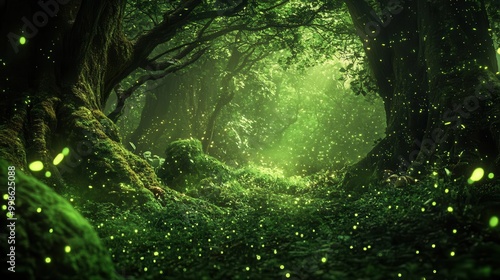 mystical forest glade bathed in ethereal green light with bioluminescent mushrooms and fireflies creating a magical atmosphere among ancient mosscovered trees