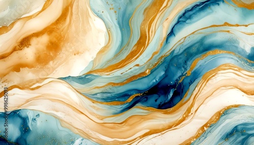 a striking abstract pattern of swirling, fluid lines in shades of blue, white, and gold, creating a sense of movement and depth photo