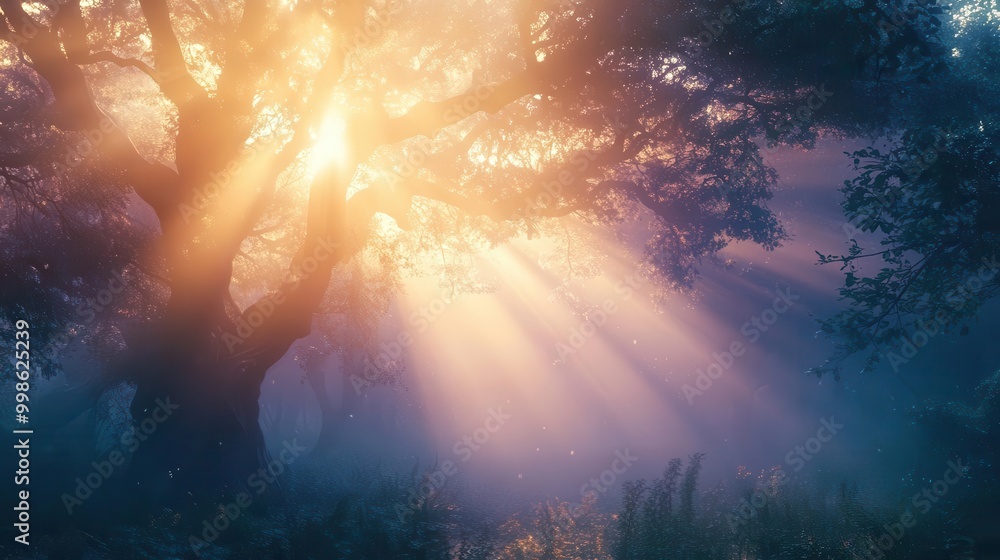 mystical forest scene with ethereal light beams piercing through mist illuminating ancient trees at twilight mystical forest scene with ethereal light beams piercing through mist illuminating ancient trees at twilight