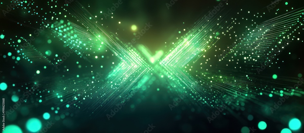 Fototapeta premium Abstract glowing green light lines and particles background with a blurry glow.